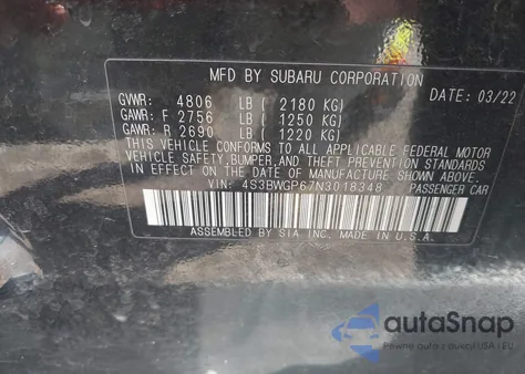 2022 Subaru Legacy Touring Xt z USA, uszkodzony, nr VIN 4S3BWGP67N3018348